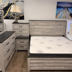 Farmhouse Style Gray Washed And Black 5 Pc Queen Or King Bedroom Furniture Set