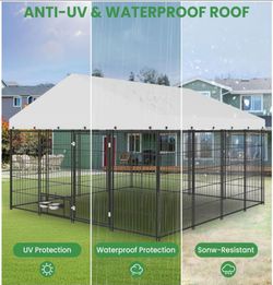 NEW in box! Xl Heavy Duty 10'x10' Dog Kennel Galvanized all weather dog cage w/ roof tarp, bowls & feed door corral- jaula de mascota nuevos