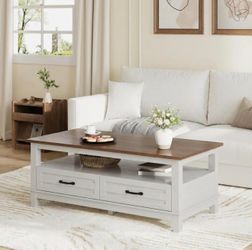1994b  Farmhouse Coffee Table with Drawers, 47.2” Rustic Center Table with Open Shelf and 6 Support Legs, Large Living Room Table with Storage