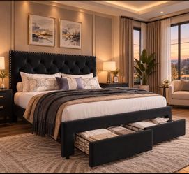 Queen Size Bed Frame with 2 Drawers, Velvet Headboard, Black Vintage upholstered Platform Bed with Storage, Wooden Slat Support, Noise Free, No Box Sp