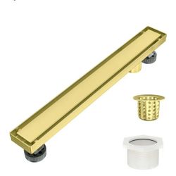24 Inch Offset Linear Shower Drain Brushed Gold, Stainless Steel Bathroom Side Outlet Floor Drain Adjustbale