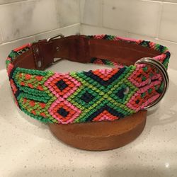 Handmade Dog Collar – 23.5” XL – Bright Green & Pink Diamond Pattern