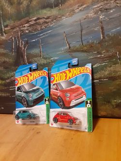 Hot Wheels Teal & Red Fiat 500e Diecast toy cars set of 2 new toy vehicles HW Green Speed 2023 1:64 scale $4