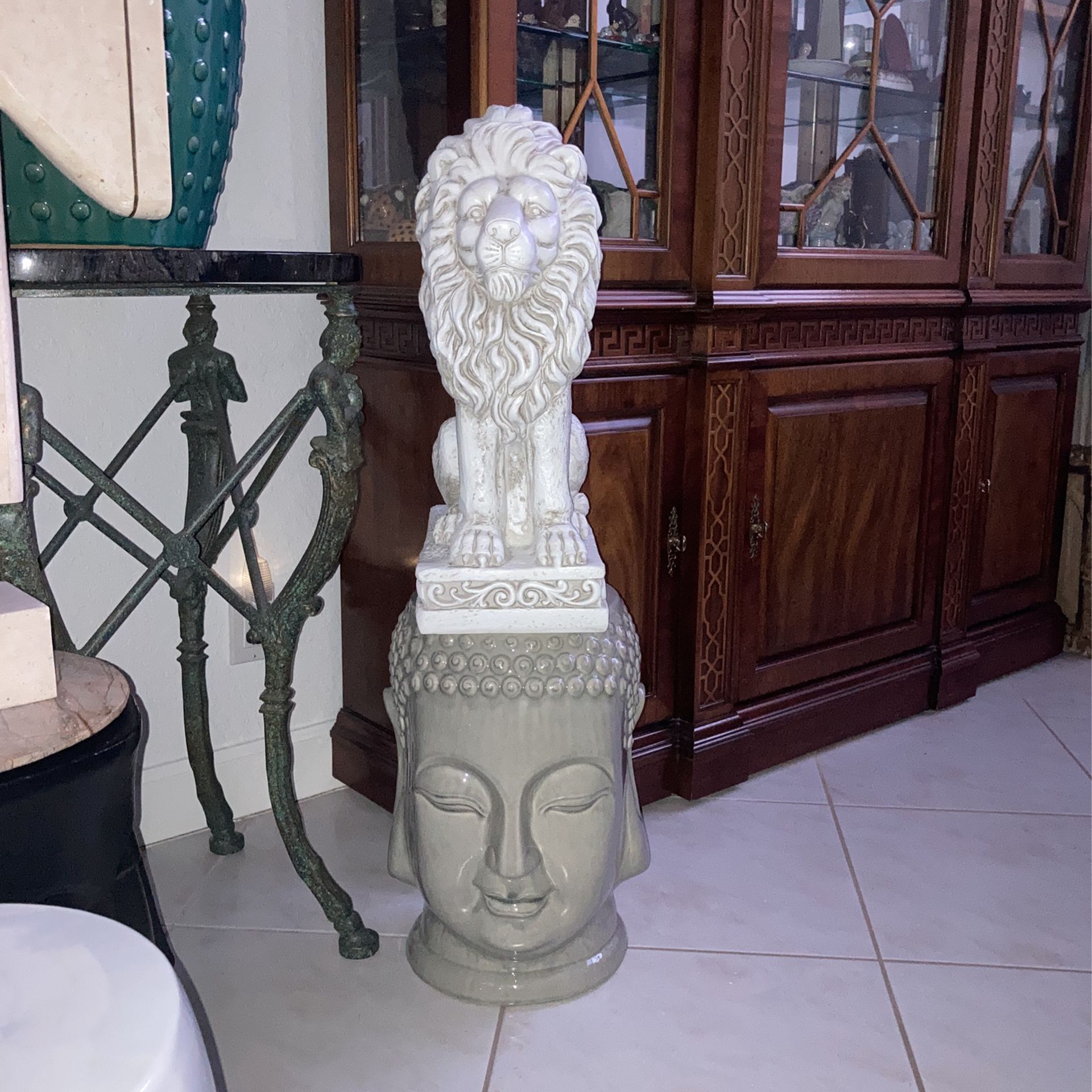Gorgeous Ceramic Gray Zen Asian Chinese Chinoiserie Buddha Head Garden Stool & Majestic Indoor Outdoor Lion Statue.  The 2 New Pieces…