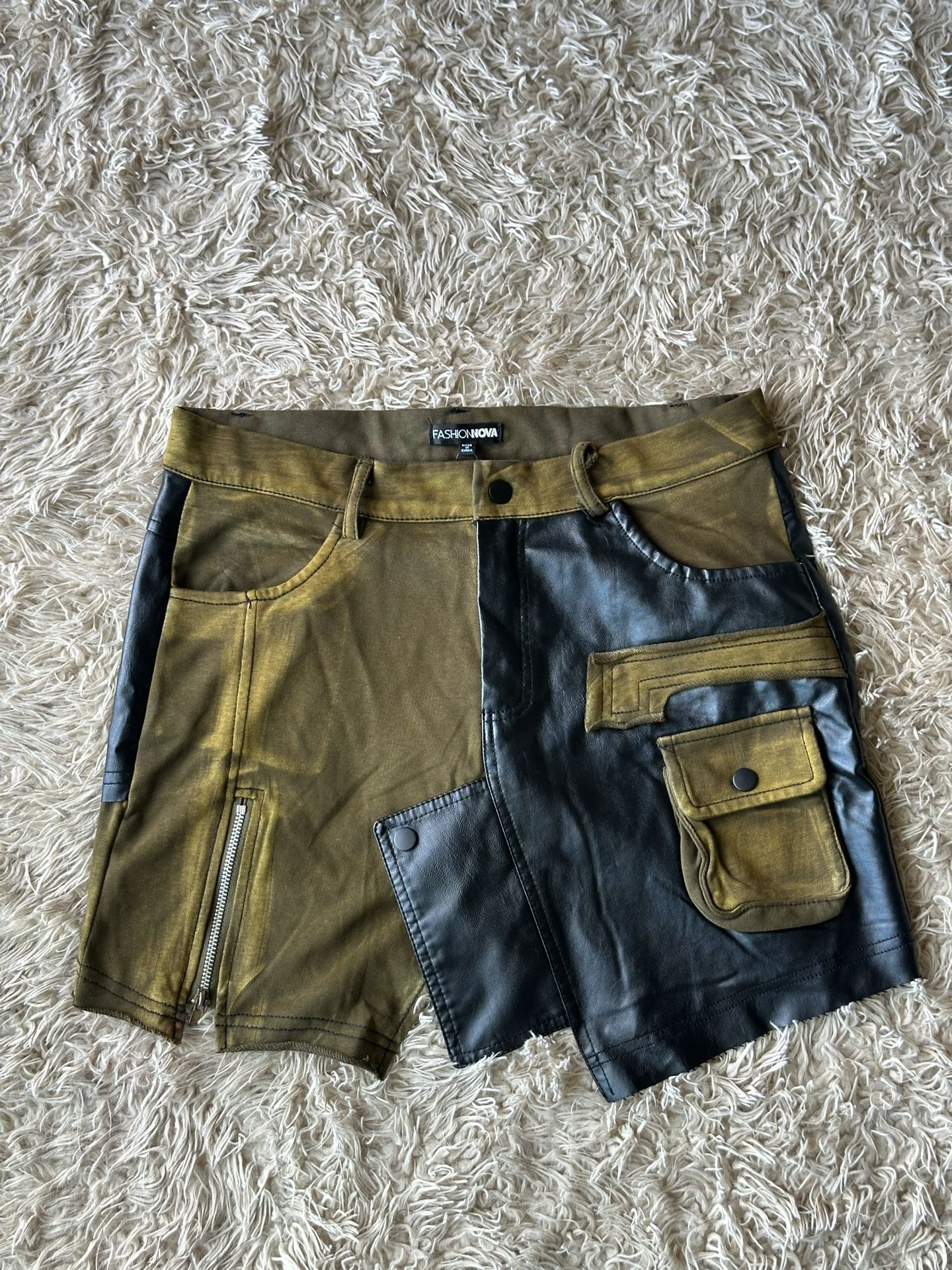 Olive Green And Black Leather Skirt