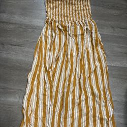 Mustard Yellow White Stripe Smocked Tie Strap Dress girl size 10/12
