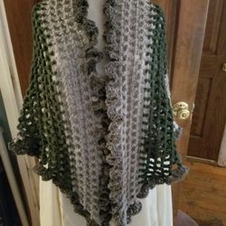 Handmade Crocheted shawl Wrap Scarf Green Gray Grey