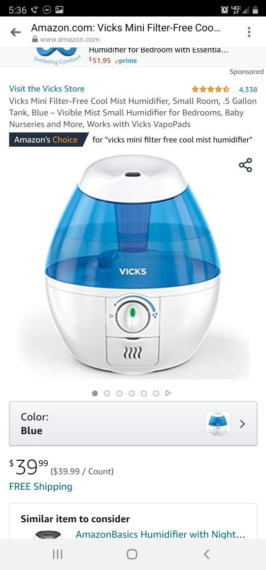 Vicks Mini Filter-Free Cool Mist Humidifier, Small Room, .5 Gallon Tank, Blue – Visible Mist Small Humidifier for Bedrooms, Baby Nurseries and More, W