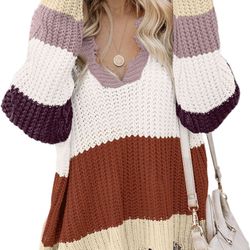 Women Loose Long Sleeve V Neck Striped Color Block Ripped Knit Pullover Sweater Crop Tops,Small Red