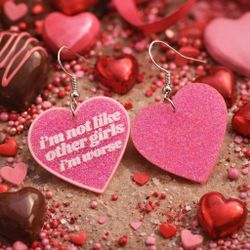 Women's Pink Glitter Letter Heart Acrylic Dangle Earrings Statement Drop