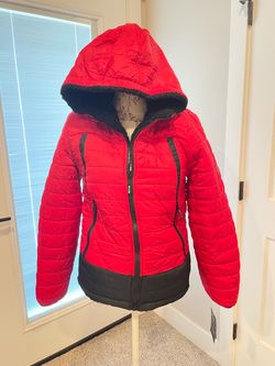 Girls Red and Black Quilted Puffer Jacket with Hood