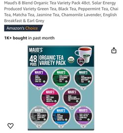 Maud's 8 Blend Organic Tea Variety Pack 48ct. Solar Energy Produced Variety Green Tea, Black Tea, Peppermint Tea, Chai Tea, Matcha Tea, Jasmine Tea, C