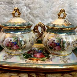 Vintage Stunning Royal Japan Porcelain Victorian Iridiscent Lusterware Two Double Handle Bowls With Lid And Holding Tray