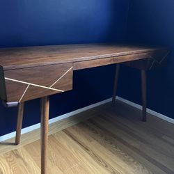 Mid-Century Walnut Wood & Brass Metal Inlay Desk