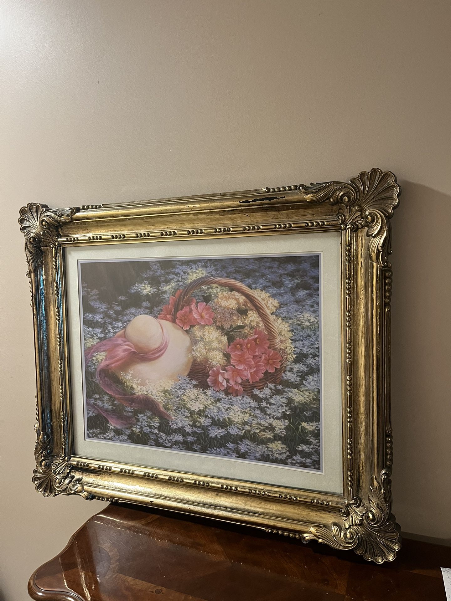 Vintage Floral Print Framed In Large Gold Ornate Frame 36 X 30