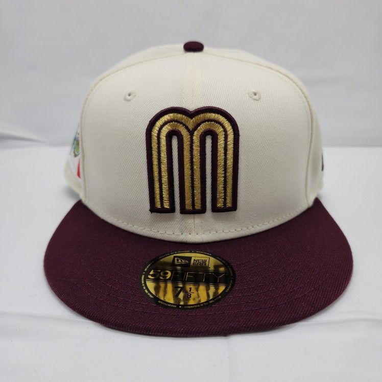 7 1/8 New Cap City White/Burgandy Mexico Fitted Hat w/ Mexico Flag Patch