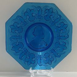Vintage Blue Glass Octagon George Washington Eagles and Fleur De Lis Plate