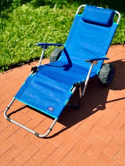 Mac Sports Beach Day Foldable Chaise Lounge Chair with Integrated Wagon Pull Cart Combination and Heavy Wheels