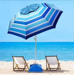 Fisqueen 8FT Large Beach Umbrella with Wind Resistance Sand Anchor Sand Bag, Portable Outdoor Umbrella with UPF50+ UV Protection, Tilt Sun Shelter for