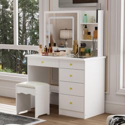 39.4" Modern White Vanity Desk Makeup Table Large Sliding Lighted Mirror Dressing Table With 5 Drawers Hidden Shelves