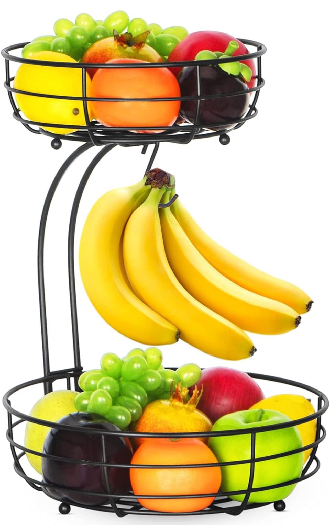2-Tier Countertop Fruit Basket Bowl with Banana Hanger, Metal Wire Fruits Stand Holder Storage Organizer for Kitchen, Black