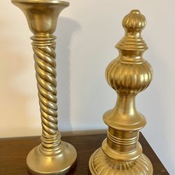Set Of 2 Gold 14” Candle Stick Holder & Decorative Topiary 