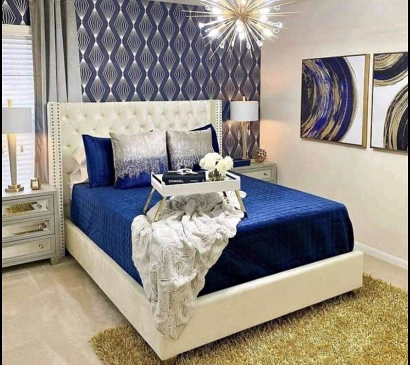 New Queen Cream Velvet Bed Diamonds Headboard