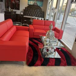 2 Pc Red Stationary Sofa & Loveseat With FREE Rug For Only $899 On Selected Sets