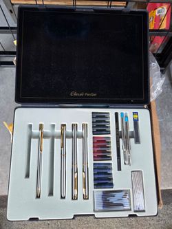 Classic Pen Set With Storage Case Brushed Silver Gold Accents Refills Cartridges