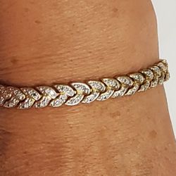 Two Tone 925 Sterling Silver Vermeil Leaf Panel Tennis Bracelet 7"