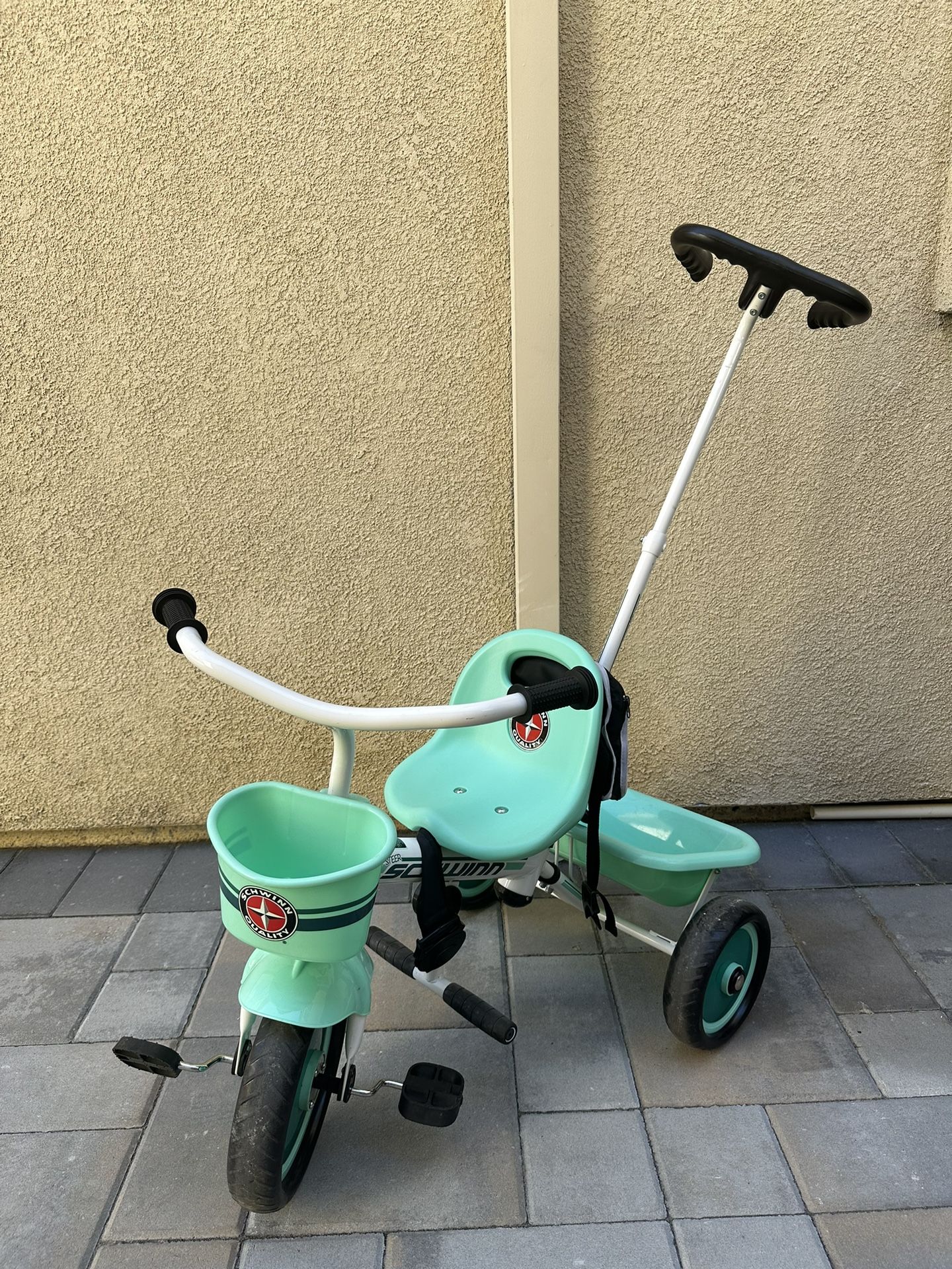 Schwinn Easy-Steer Tricycle with Push/Steer Handle, teal, toddler bike
