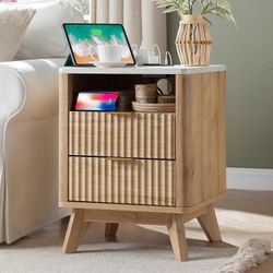 Fluted Nightstand with Charging Station, 18" Modern Side Table with Faux Marble Top, 2 Drawers End Table w/Storage, Bedside Table for Bedroom