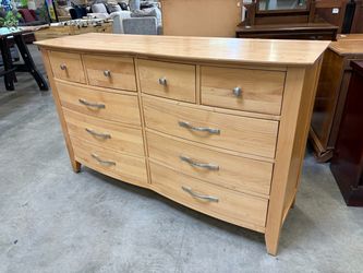 Natural Finish Light Wood 10 Drawer Breakfront Dresser with Silver Pulls