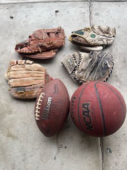 Sports Equipment Lot – Baseball Gloves, Basketball & Football