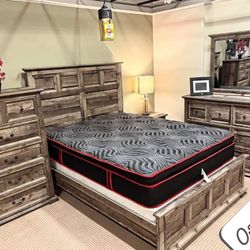 $39 Down Rustic Brown Bedroom Set Queen/King Bed Dresser Nightstand Mirror Total 