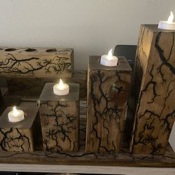 Fractal Wood Burned Pillar Candle Holders