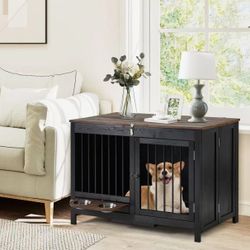 WH 39.4" Furniture-Style Dog Crate for Small & Medium Dogs - Foldable Wood Dog Kennel for Indoor/Outdoor Use, White