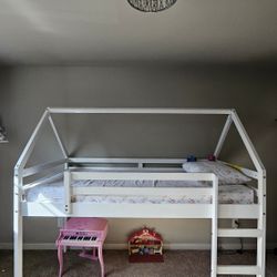 White Wooden Kid's Loft House Bed