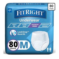 Medline FitRight Super Adult Incontinence Underwear, Maximum Absorbency, Medium, 28-40, 4 Packs of 20 (80 Total)=B12-869