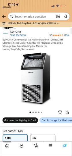 EUHOMY Commercial Ice Maker Machine, 100lbs/24H Stainless Steel Under Counter Ice Machine with 33lbs Storage Bin, Freestanding Ice Maker for Home/Bar/