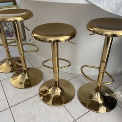4 Modern Adjustable MCM Industrial Z Gallerie Style Gold Brass Barstools. Stools Swivel & Adjust Up To 32” Or  Down To 24”.  For Bar Or Kitchen Island