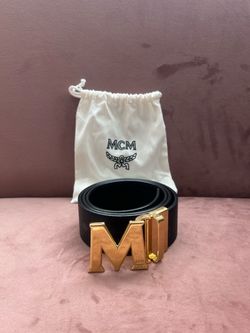 MCM Black Leather Belt with Gold M Buckle