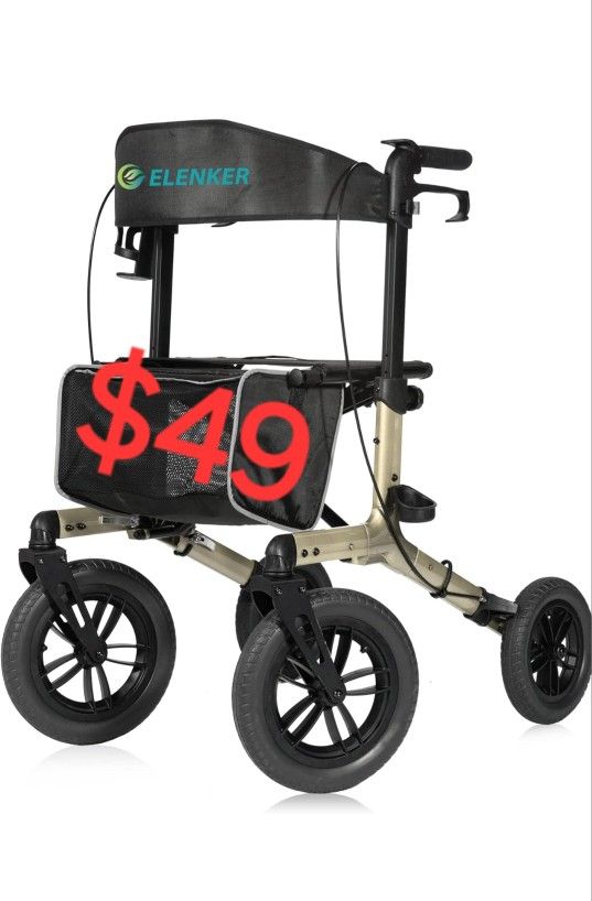 ELENKER All-Terrain Rollator Walker with Non-Pneumatic Tire 12” Front Rubber Wheels, Compact Folding Design for Seniors (Champagne)