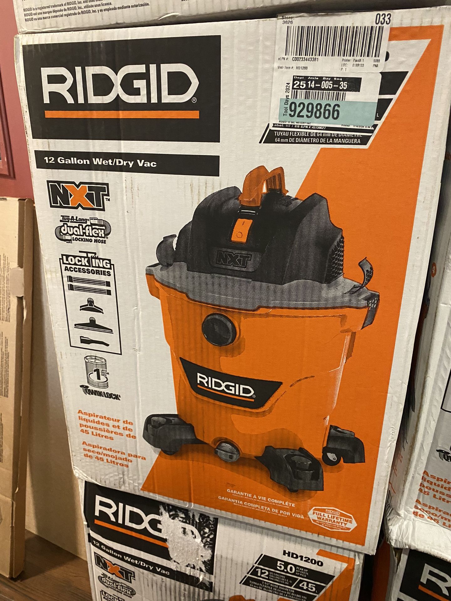 NEW IN BOX RIDGID 12 Gallon 5.0 Peak HP NXT Shop Vac Wet Dry Vacuum with General Debris Filter, Locking Hose and Accessory Attachments