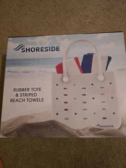 Shoreside Rubber Tote & Striped Beach Towels – Brand New, Sealed 🏖️