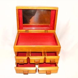Cedar Wood Jewelry Box Hinged Velvet Mirror Glass 5 Drawers Modern Doll Scale