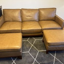 Tan walnut Mid Century Modern Leather Couch 3 Seats And 2 Ottomans 