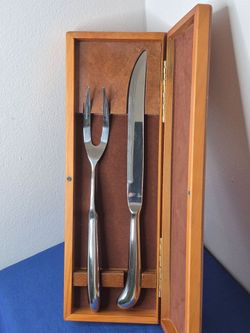 Chefmate Stainless Steel Carving Knife & Fork Set in Wood Case