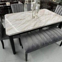 ✅️✅️ 5 pc Pascal black wood finish faux marble top dining table set grey fabric (Bench not included)✅️✅️