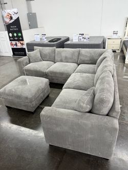 Gray Corduroy Sectional Sofa with Ottoman